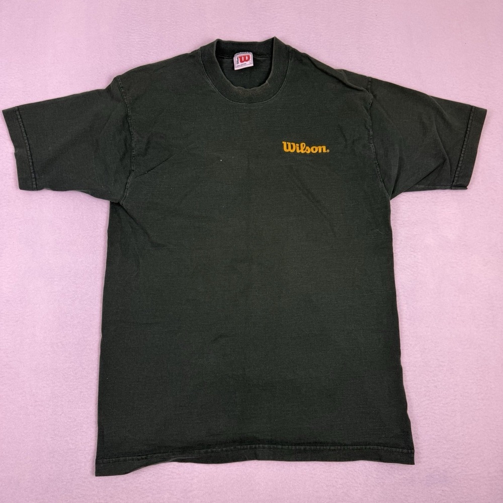 Vintage 90s Wilson T Shirt Green Mens Large Made in USA Minimalist Logo